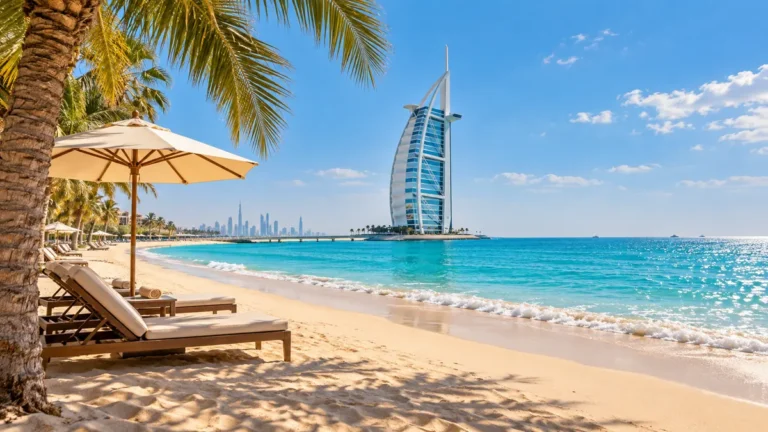 Aurinkoinen ranta ja Burj Al Arab Dubaissa – Dubai sää ympäri vuoden