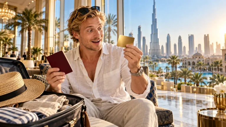 Suomalainen mies pitelee passia ja Emirates ID -korttia Dubaissa – Dubain viisumi suomalaiselle