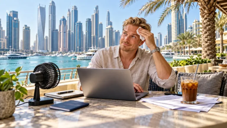 Suomalainen tekee etätyötä ulkomailta kannettavalla tietokoneella Dubai Marinassa
