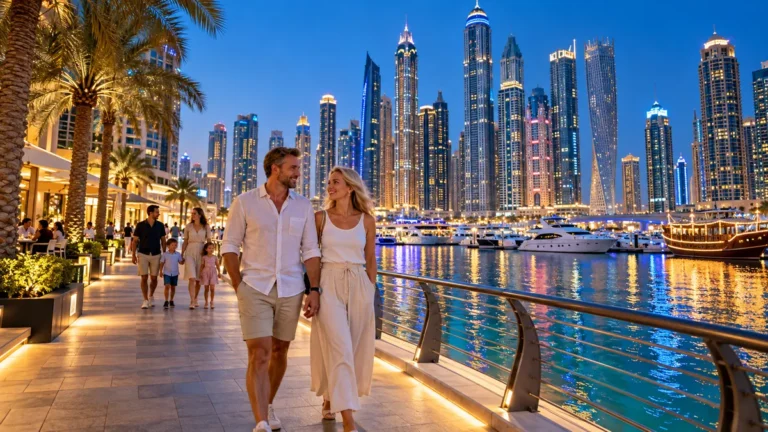 Pariskunta ja lapsiperhe kävelevät illalla Dubai Marinan rantabulevardilla – Dubai on turvallinen kaupunki