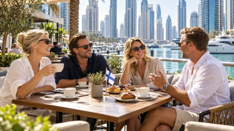 Suomalaiset ystävät kahvilla Dubai Marinassa Suomen lippu pöydällä – suomalaiset Dubaissa